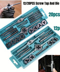 Pro Grade Metric Tap And Die Set M3 To M12 For Internal And External Thread Repair Includes Long Handled Tap Wrench T Handle Wrenches Adjustable Die Wrench Screwdriver And Pitch Gauge 12 Piece Kit shown in open case