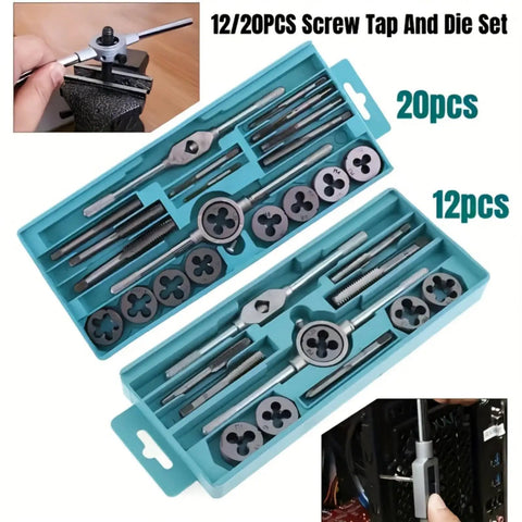 Pro Grade Metric Tap And Die Set M3 To M12 For Internal And External Thread Repair Includes Long Handled Tap Wrench T Handle Wrenches Adjustable Die Wrench Screwdriver And Pitch Gauge 12 Piece Kit shown in open case