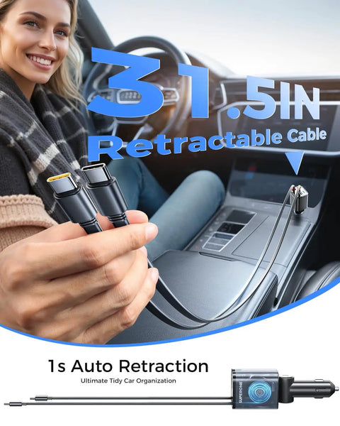 Ultra Compact 6 Port USB C Car Charger With Retractable Plug, Fast Charge For iPhone 12 To 17, shown in car console