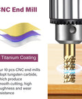Titanium-coated CNC end mill set, 10 pcs, tungsten carbide, 0.8-3 mm bits, 1/8 in shank for Dremel rotary tools