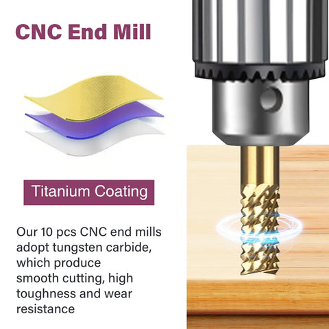 Titanium-coated CNC end mill set, 10 pcs, tungsten carbide, 0.8-3 mm bits, 1/8 in shank for Dremel rotary tools