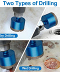 Premium Diamond Hole Saw Kit With Brazed Serrated Teeth, One Quarter To Two Inch Core Drill Set, showing wet and dry drilling process.