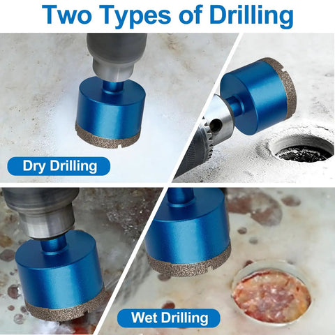 Premium Diamond Hole Saw Kit With Brazed Serrated Teeth, One Quarter To Two Inch Core Drill Set, showing wet and dry drilling process.