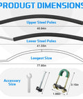 Dang Sturdy Trampoline Replacement Curved Net Poles With Plush Foam Sleeves product dimensions including upper and lower pole lengths.