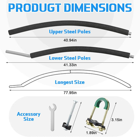 Dang Sturdy Trampoline Replacement Curved Net Poles With Plush Foam Sleeves product dimensions including upper and lower pole lengths.