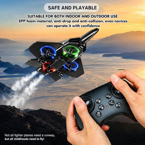Flying foam remote control airplane for kids and adults, black fighter jet RC plane with colored lights and remote control