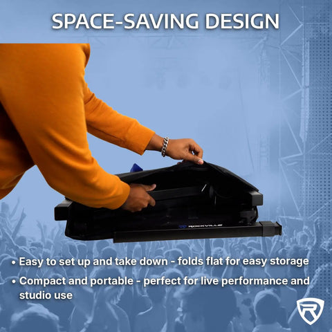 Person folding Heavy-Duty Dual-Tier Keyboard Stand With Locking Wheels, Adjustable 26 to 38 Inches Height and 23 to 34 Inches Width.