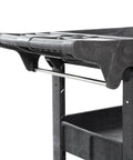 Close-up of Beefed Up Heavy Duty Utility Cart On Wheels, 40 By 17 Inches, 550 Lb Capacity, Three Tier Rolling Cart corner and handle.