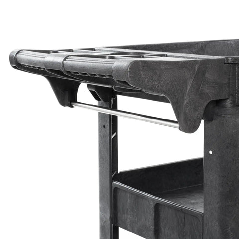 Close-up of Beefed Up Heavy Duty Utility Cart On Wheels, 40 By 17 Inches, 550 Lb Capacity, Three Tier Rolling Cart corner and handle.
