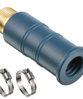 Blue metal universal faucet hose adapter with brass male threads and silicone sleeve, includes two stainless hose clamps.