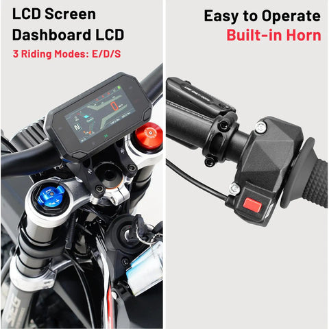LCD screen dashboard on Badass 10000W Electric Dirt Bike For Adults With 72V 35Ah Battery Offering 52 Mile Range.