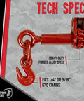 One Quarter To Five Sixteenth Inch Ratchet Binder With Grab Hooks For Grade 70 Chains, Rated 7,800 Lbs, text overlay