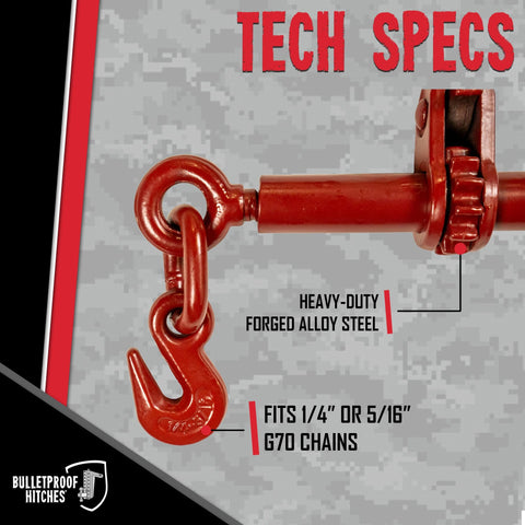 One Quarter To Five Sixteenth Inch Ratchet Binder With Grab Hooks For Grade 70 Chains, Rated 7,800 Lbs, text overlay