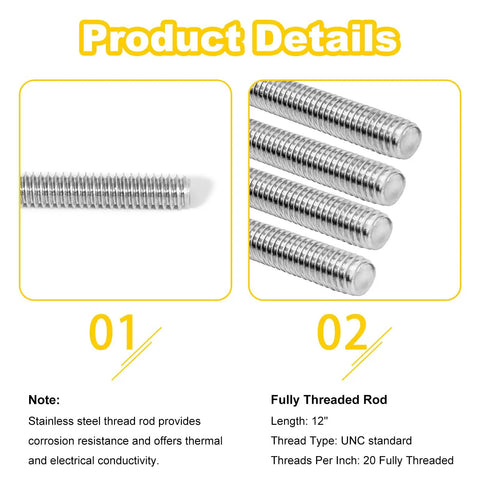 Four Pack 304 Stainless Steel Fully Threaded Rods One Quarter Inch Diameter Twenty Threads Per Inch Right Hand Threads 12 Inch Length For Heavy Duty, Corrosion Resistant Fastening In DIY Projects