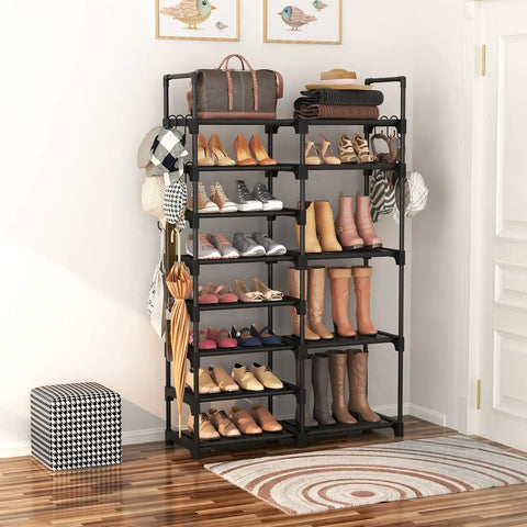 8 Tier Metal Shoe Rack Organizer For Closet, Entryway Or Garage - Tall 57 Inch, Holds 26-32 Pairs, Stackable Large Shoe Stand With 15 Hooks