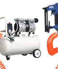 Kickass Heavy Duty Pneumatic Brad Nailer Kit 20 Gauge Quarter Through Half Inch With Slick Stainless Steel Quick Connect, compressor and nailer with hose.