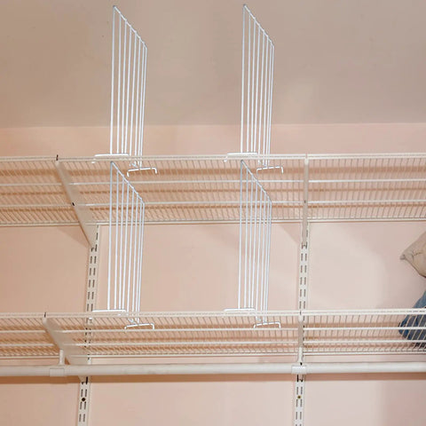 White wire shelf with dividers, part of Twenty Pack Wire Closet Shelf Dividers With 100 Nylon Ties, 12 Inch Vertical Organizers For Clothes.