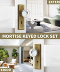 Crystal Glass Mortise Lock Set with Antique Brass Finish Interior Door Knobs and Skeleton Key displayed in modern settings.