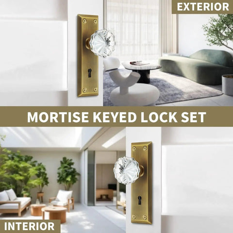 Crystal Glass Mortise Lock Set with Antique Brass Finish Interior Door Knobs and Skeleton Key displayed in modern settings.