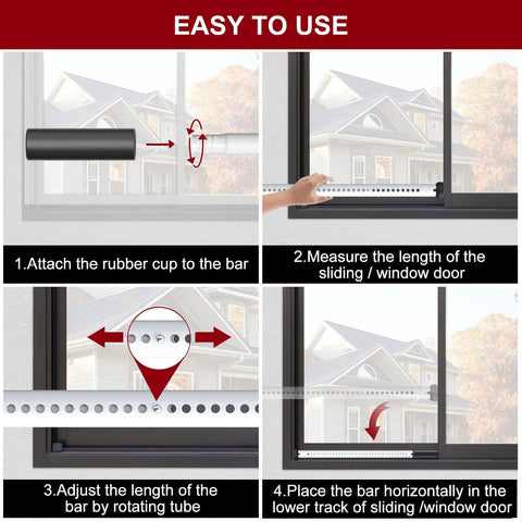 Instruction guide on using Sliding Door Security Bar,Heavy Duty Sliding Patio Door Lock Bar, 20-50inch Adjustable Multi-use Window Security Bars