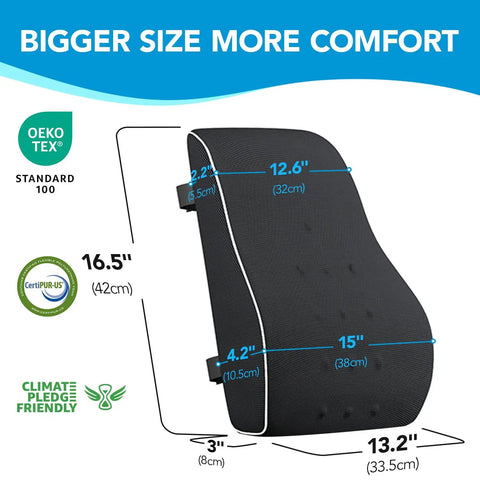 Comfortable Lumbar Support Pillow For Office Chair And Car With Mesh Cover And Double Adjustable Straps, size dimensions shown.