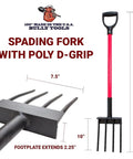 Beefy Heavy Duty Garden Spading Fork With Fiberglass Handle And Poly D Grip For Digging Turning Soil And Compost Aeration Root Crops Durable Steel Tines 44 Inch Made In The USA Yard Tool displayed upright alongside specifications.