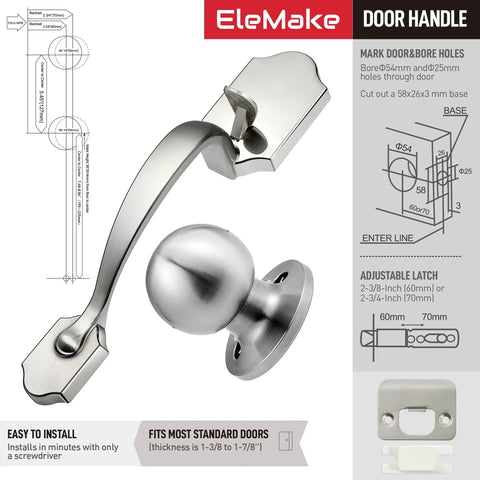 Lower Half Front Entry Handleset With Knob 304 Stainless Steel Silver Exterior Electronic Lock Keyless Front Door Handle Lock Set Fits One And Three Eighths Inch To One And Seven Eighths Inch Thick Doors Universal For Left And Right Doors, showing side view and installation details