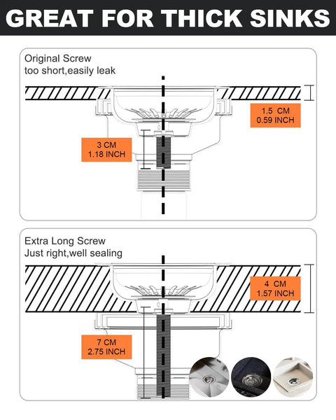 Image comparing original screw size to Extra Long Screw for thick sinks, highlighting 2.75-inch shaft length of Straight Up Solid Extended Screw Mounts For Sink Drain Strainers Built To Last Rust Resistant Copper Hardware Quick Install Thick Granite Or Marble Kitchen Sink Replacement Hardware.