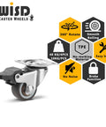 Set Of Four 1 Inch Brown Swivel Caster Wheels With Rock Solid Slick Lock Brakes And Silent Non Marking Tpe Rollers Rated For 88 Lbs Max Indoor And Outdoor Use angle view showing smooth rolling and locking features.
