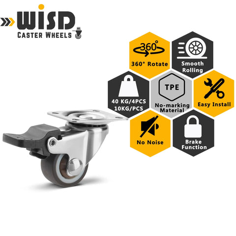 Set Of Four 1 Inch Brown Swivel Caster Wheels With Rock Solid Slick Lock Brakes And Silent Non Marking Tpe Rollers Rated For 88 Lbs Max Indoor And Outdoor Use angle view showing smooth rolling and locking features.