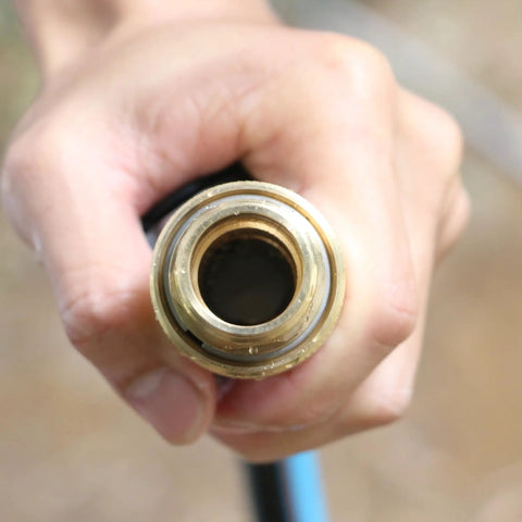 Close-up of Three Quarter Inch Full Flow Brass Garden Hose Quick Connect Fittings Set No Fuss With Lead Free Full Port Design
