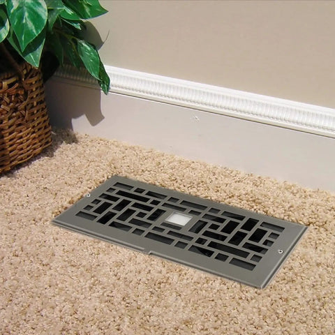 Quiet Register Booster Fan For Home HVAC, 4x10 Inch, Grey, 120 CFM, 4 Speeds, Remote Control, installed in carpeted floor vent.