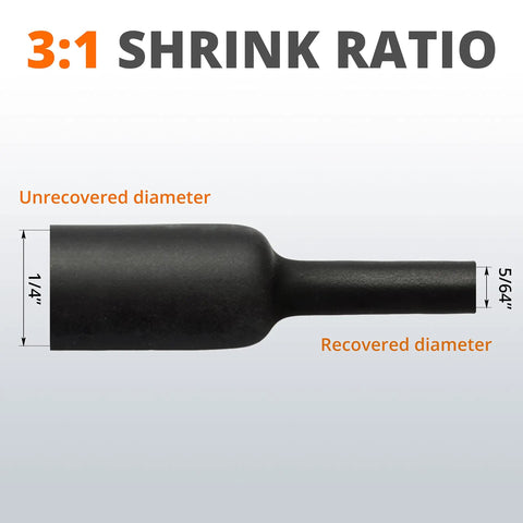 Heavy Duty Heat Shrink Tubing One Quarter Inch 3 To 1 Shrink Ratio With Adhesive Dual Wall Waterproof Seal Black 50 Feet Roll For Auto And Electrical Wiring Oil And Water Proof UL Certified, 3:1 size chart