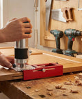 Pro Grade Door Hinge Router Jig Kit Durable Aluminum Mortise Template for Doors in use on a wooden door in workshop