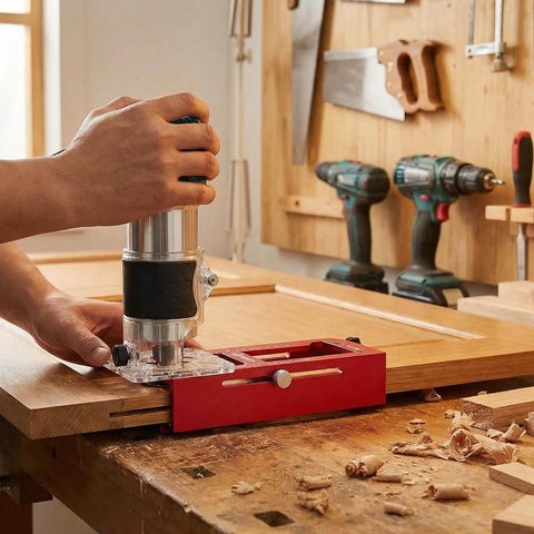 Pro Grade Door Hinge Router Jig Kit Durable Aluminum Mortise Template for Doors in use on a wooden door in workshop