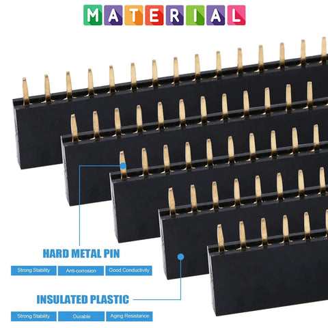 Close-up of hard metal pins and insulated plastic from 240 Piece 2.54mm Straight Single Row Female Pin Header Socket Connector Strip Assortment Kit For Arduino Prototyping Shield Handy DIY Makers Boxed In Durable Plastic Case For Easy Storage And Quick Access.