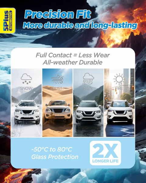 Premium All Weather Windshield Wiper Blades Compatible With Nissan Altima Rogue Sentra Versa Pathfinder Durable Natural Rubber Design Includes Microfiber Car Wash Towel For Clear Sightlines And Road Ready Performance with snowy, dusty, and rainy car images.