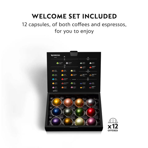 Vertuo Coffee And Espresso Maker By DeLonghi Titan With Aeroccino Milk System capsule box with 12 coffee and espresso capsules