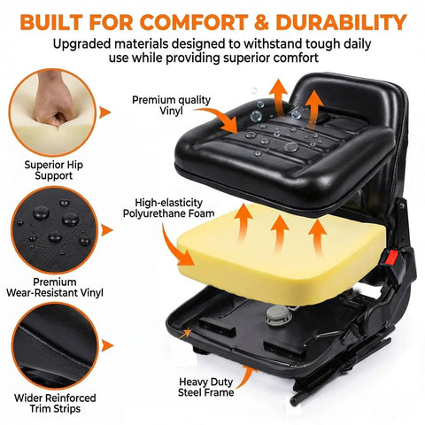 Universal Heavy Duty Operator Seat Skid Steer Tractor Backhoe Excavator with foam padding and durable vinyl material.