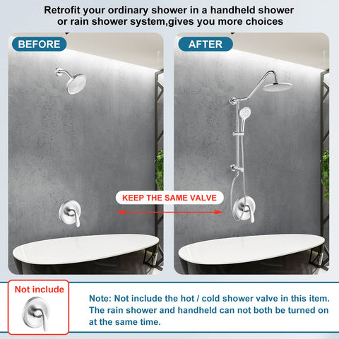 Before and after installation of polished chrome retrofit rain shower system with 8 inch rainfall head and ABS handheld sprayer