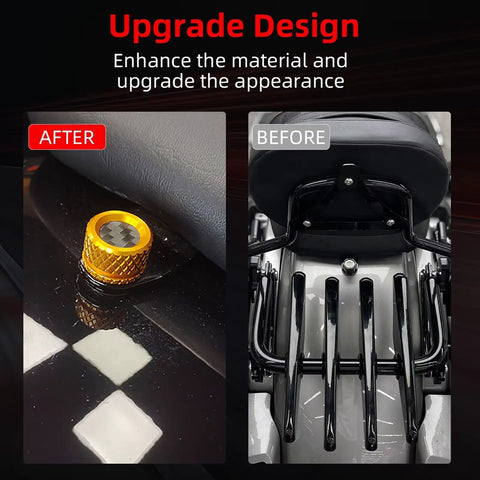 No Sweat Quick Swap Rear Seat Bolt Featuring Carbon Fiber Knob And Aircraft Grade Aluminum for Harley upgrades, before and after comparison.