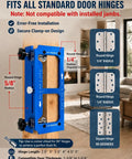All In One Door Prep System With Adjustable Hinge Jig And Lock Installation Kit For DIY Folks, blue hinge guide on wood with measurement markings.