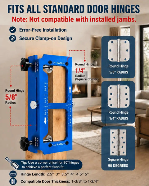 All In One Door Prep System With Adjustable Hinge Jig And Lock Installation Kit For DIY Folks, blue hinge guide on wood with measurement markings.