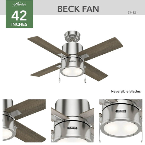 42 Inch Indoor Ceiling Fan With Dope Led Light And Pull Chain, Ideal For Bedroom Living Room Or Kitchen, Brushed Nickel
