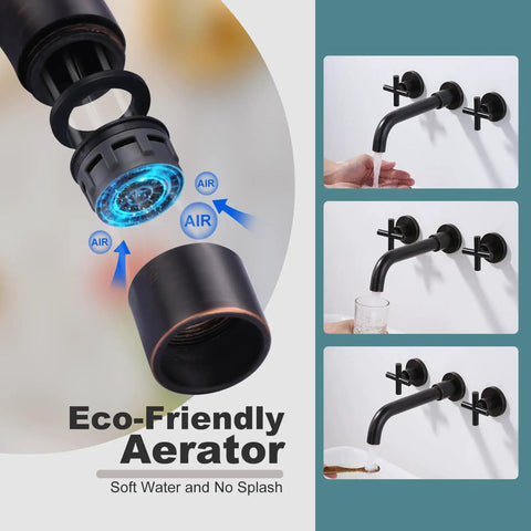 Oil Rubbed Bronze Wall Mount Bathroom Faucet With Two Handle Vanity, 360 Degree Rotating Spout, close-up aerator detail