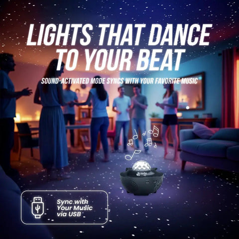Group of people enjoying a Cosmic Projector With Built In Bluetooth Speaker Star Lights For Bedroom during a party