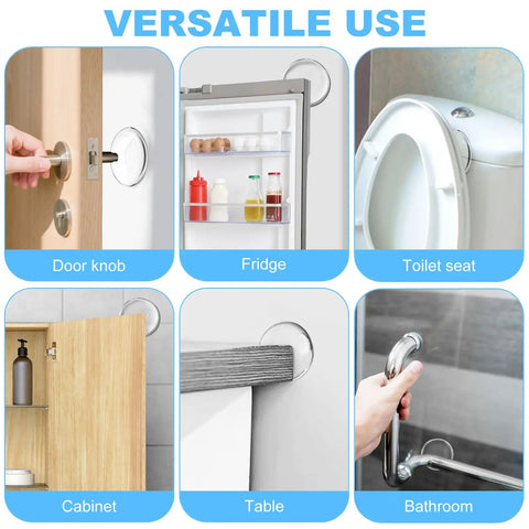 Clear Self Adhesive Door Stoppers For Walls, Heavy Duty Shock Absorbing Bumper Pads With Ultra Sticky Backing used on door knobs, fridge, toilet seat, cabinets, tables, and bathroom surfaces.