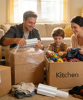 Family using 5 Inch X 492 Ft Stretch Roll Handle, Self Adhesive Shrink Film for Packing Moving Storage to secure boxes.