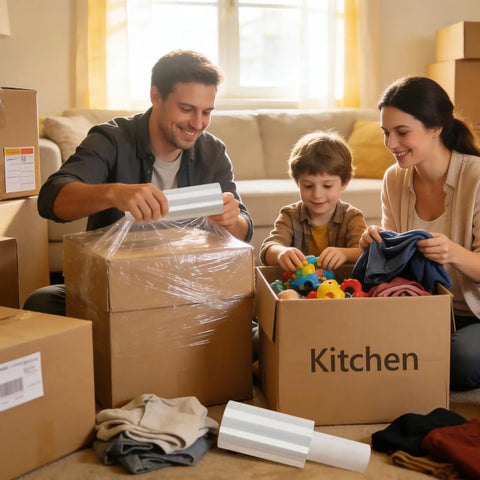 Family using 5 Inch X 492 Ft Stretch Roll Handle, Self Adhesive Shrink Film for Packing Moving Storage to secure boxes.
