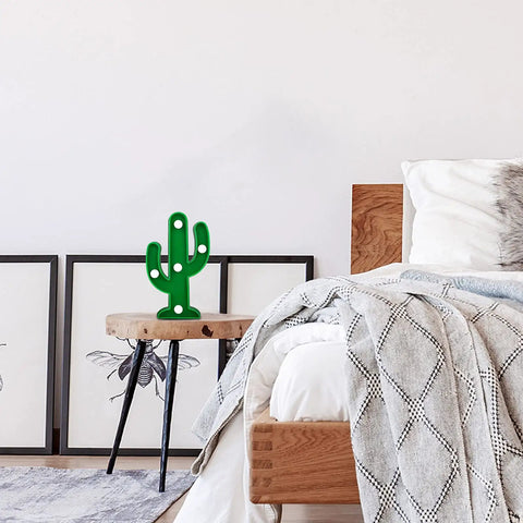 2 Pcs LED Night Light Cactus Lamp Set For Table Desk Bedroom And Home Decor, Cute Mexican Cinco De Mayo Party Decorations, Cozy Glow For Living Room, 4.72 By 2.76 Inch displayed on a bedside table in a cozy bedroom setting.